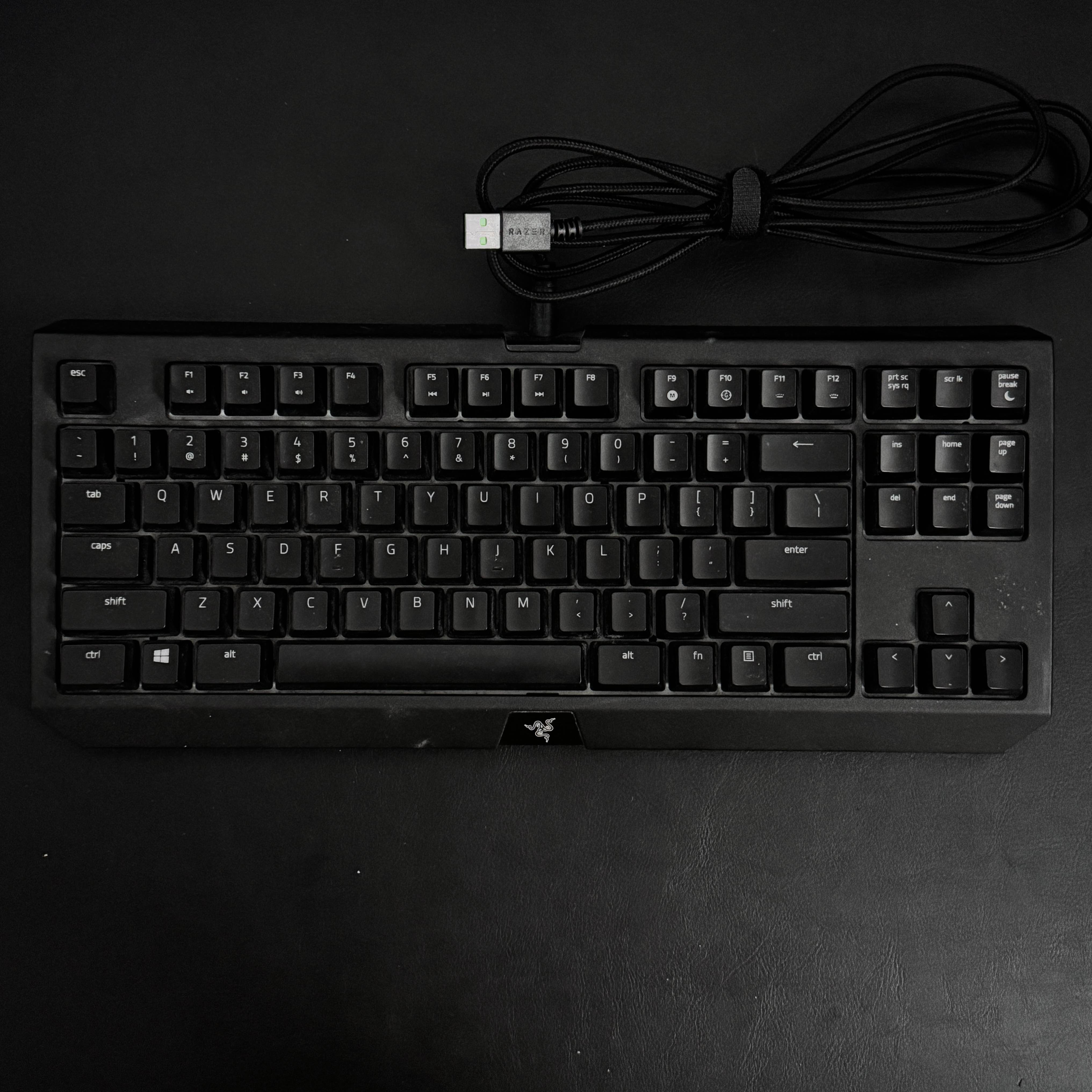 This is the Razer Blackwidow TE Chroma V2 and it was my very first mechanical keyboard. It has no lights in this photo, but it does light up when connected&mdash;including the logo on its bottom edge.