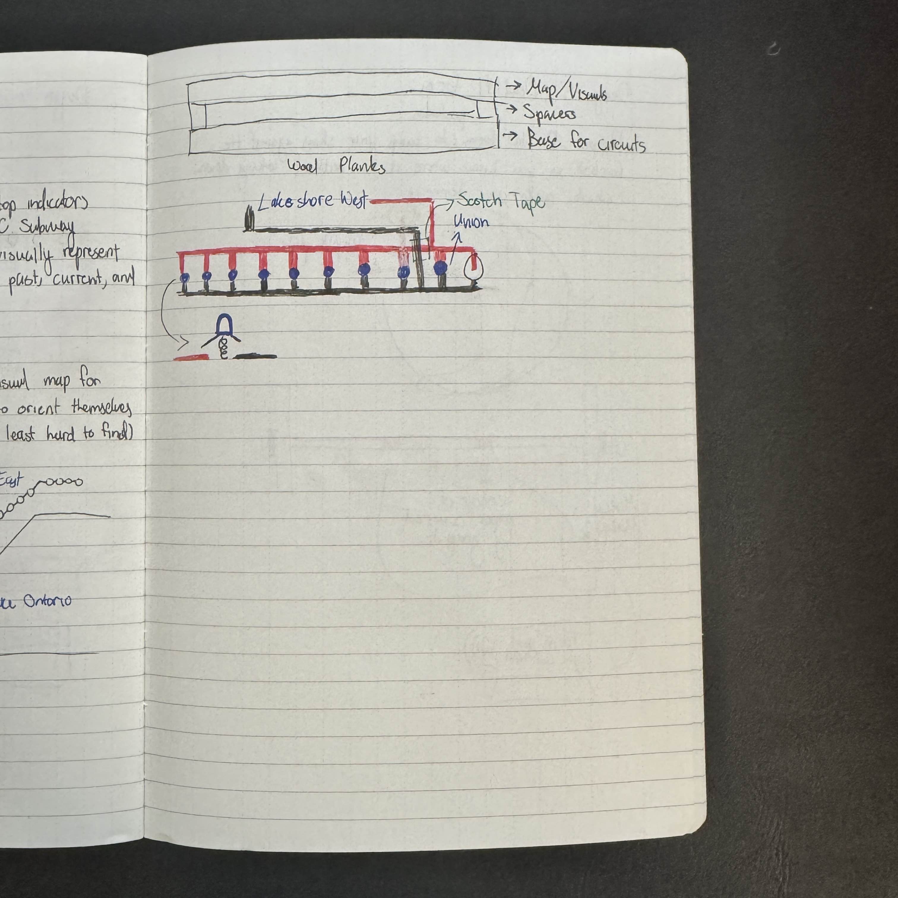 I put together a concept for a circuit I'd want to make in conjuction with a laser cut map of the GO train routes that would use the lights as switches. Of course, the full circuit would be pretty involved, but I drew out a sample of how one circuit would work.