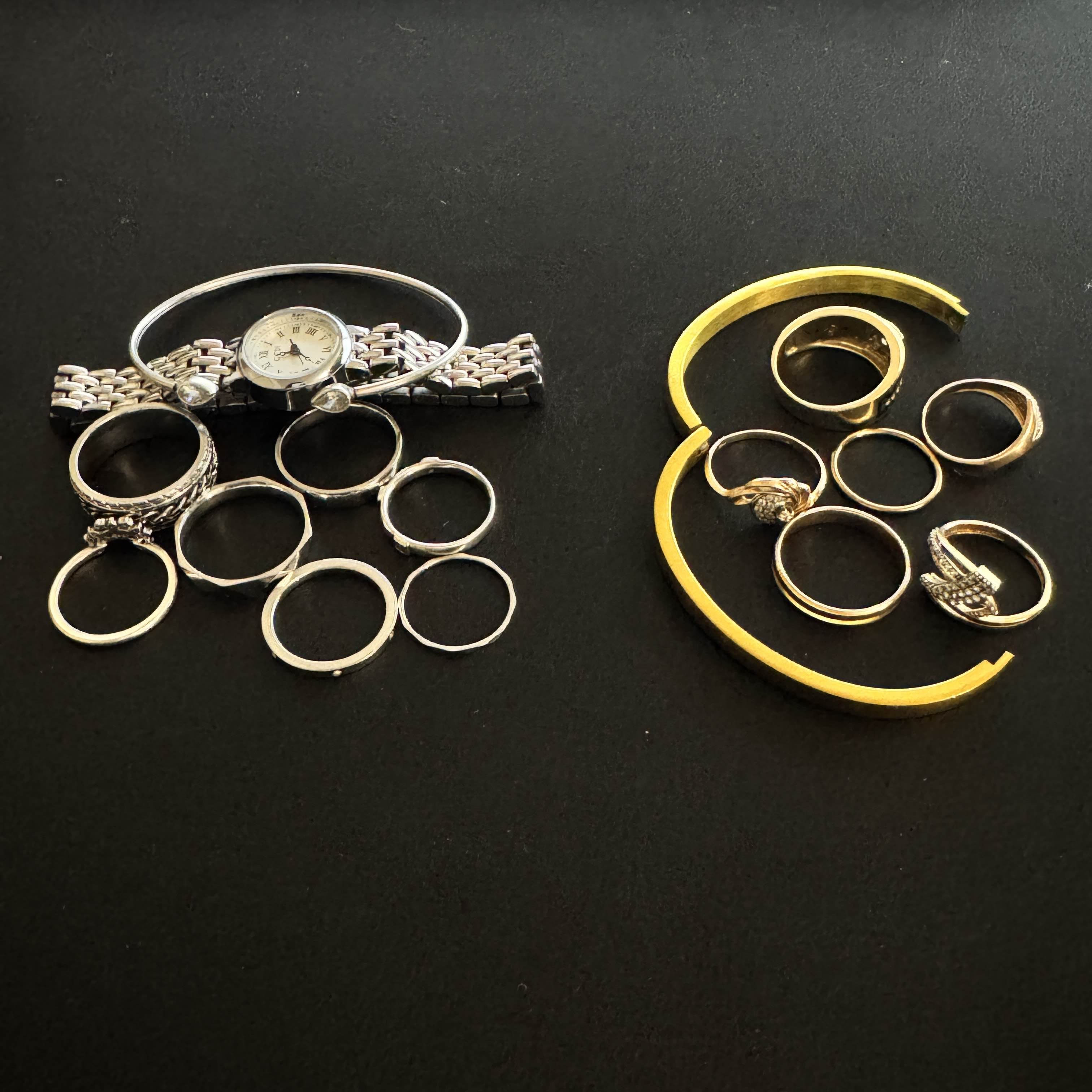 With my thirteen rings, I wear three bracelets. With all the jewelry on my hands, they jingle when I move around. The recording captures that jingle.