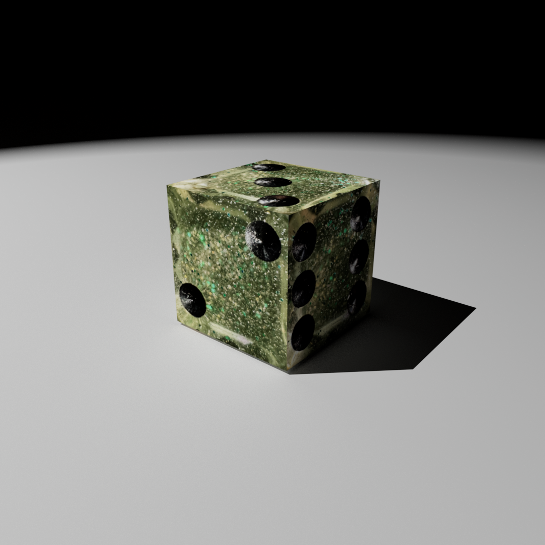 Final product of the die. I couldn't figure out how to use materials with the filleted, soft cube edges... I'm not sure how to work around this still, but I'd play around more with deformers and phong maybe...