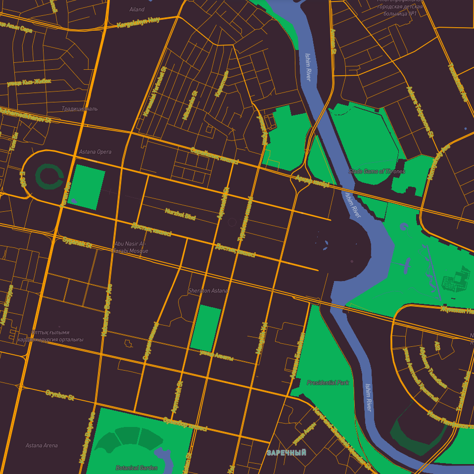 Much better neons! I like that the background is a brown-purple and then the roads are neon yellow. Complimentary colors are the best.