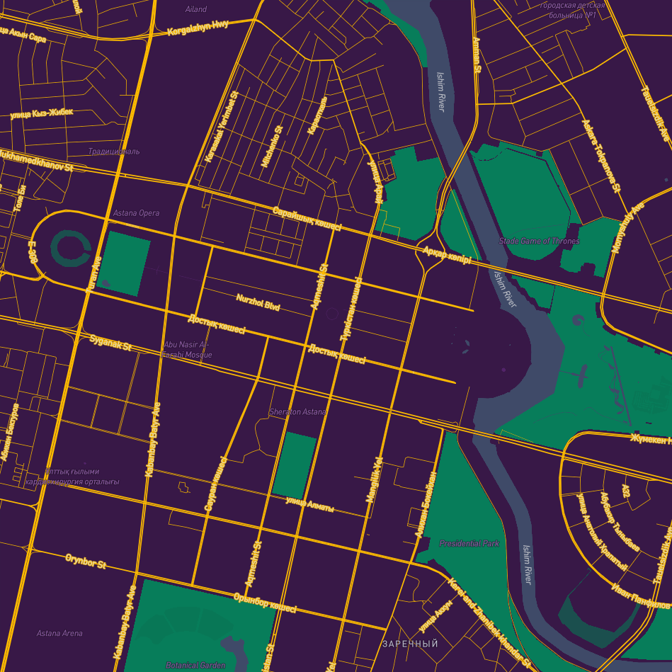 More neons, again, love the complimentary colors. I like the muted water and greenspace colors paired with the neon roads.