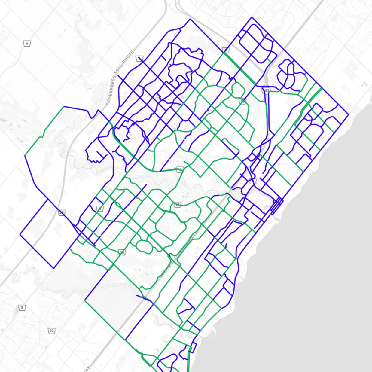 Cycling routes, proposed and existing. Started with this blue and green scheme.