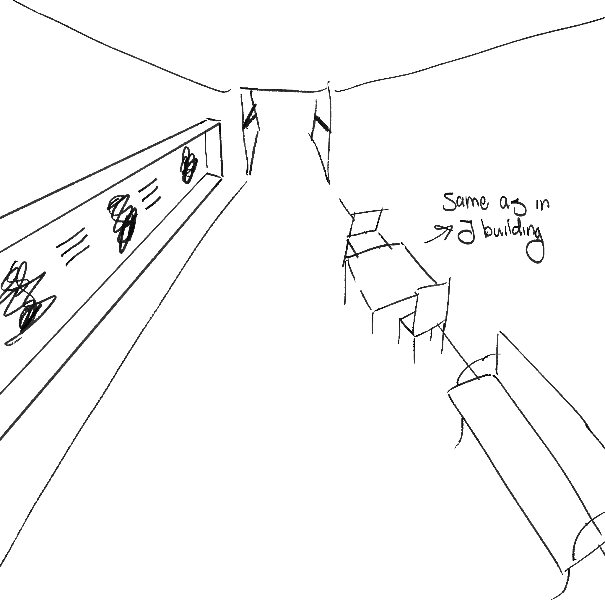 For the art fundies hallway, I drew two examples of seating I'd love to see. The scaling isn't accurate so there's definitely room for more seating when executed in the real world. One feature of the J building I love is the little table setups on the edges of the second floor hall and I wish I saw them around other buildings too, so I added them to this drawing. The other seating is just a normal old bench because they're always in front of plain walls instead of ones with displays.